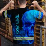 Hi-Vis-T-Shirt-Reflective-Tapes-Black-And-Blue-Skull-Custom-Name-Safety-Workwear-For-Workers,-Truckers,-Operators-4
