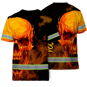 Hi Vis T Shirt Reflective Tapes Black And Orange Skull Custom Name Safety Workwear For Workers, Truckers, Operators