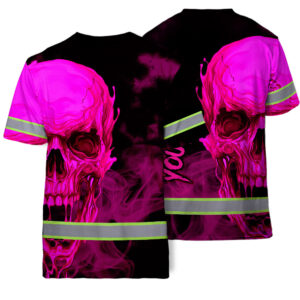 Hi Vis T Shirt Reflective Tapes Black And Pink Neon Skull Custom Name Safety Workwear For Workers, Truckers, Operators