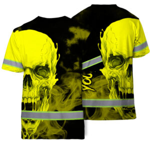 Hi Vis T Shirt Reflective Tapes Black And Yellow Neon Skull Custom Name Safety Workwear For Workers, Truckers, Operators