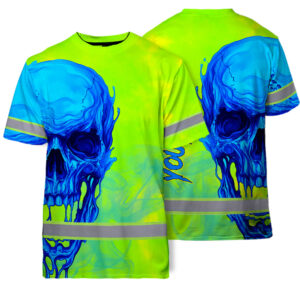 Hi Vis T Shirt Reflective Tapes Blue Green Skull Custom Name Safety Workwear For Workers, Truckers, Operators