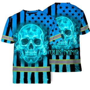 Hi Vis T Shirt Reflective Tapes Blue Neon US Flag Custom Name Safety Workwear For Workers, Truckers, Operators