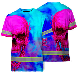 Hi Vis T Shirt Reflective Tapes Blue Pink Skull Custom Name Safety Workwear For Workers, Truckers, Operators