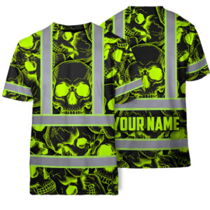 Hi Vis T Shirt Reflective Tapes Green Neon Black Skull Custom Name Safety Workwear For Workers, Truckers, Operators
