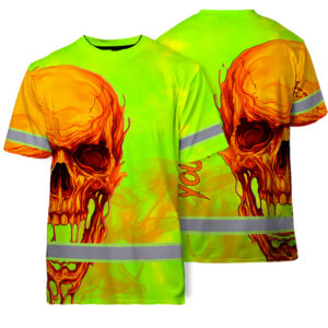 Hi Vis T Shirt Reflective Tapes Green Orange Skull Custom Name Safety Workwear For Workers, Truckers, Operators