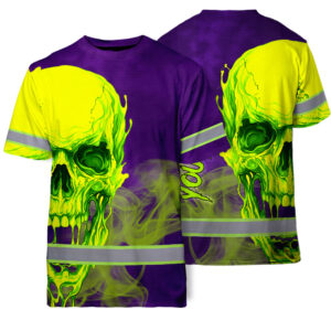 Hi Vis T Shirt Reflective Tapes Green Violet Skull Custom Name Safety Workwear For Workers, Truckers, Operators