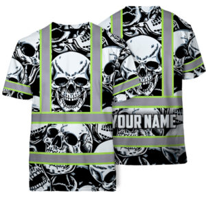 Hi Vis T Shirt Reflective Tapes Grey Black Skull Custom Name Safety Workwear For Workers, Truckers, Operators