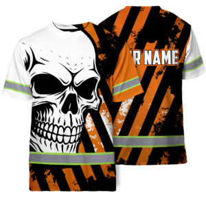 Hi Vis T Shirt Reflective Tapes Orange Neon Skull Custom Name Safety Workwear For Bikers, Workers, Truckers, Operators