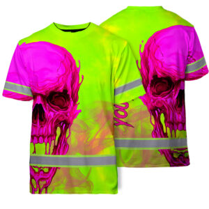 Hi Vis T Shirt Reflective Tapes Pink And Lime Neon Skull Custom Name Safety Workwear For Workers, Truckers, Operators