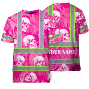 Hi Vis T Shirt Reflective Tapes Pink Neon White Skull Custom Name Safety Workwear For Workers, Truckers, Operators
