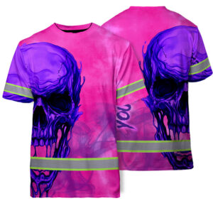 Hi Vis T Shirt Reflective Tapes Pink Violet Skull Custom Name Safety Workwear For Workers, Truckers, Operators