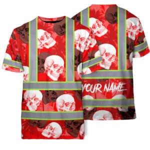 Hi Vis T Shirt Reflective Tapes Red Neon White Skull Custom Name Safety Workwear For Workers, Truckers, Operators