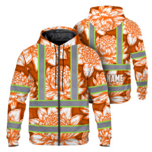 Hi Vis Zip Hoodie Reflective Tapes Orange Neon White Protea Custom Name Safety Workwear For Workers, Truckers, Operators