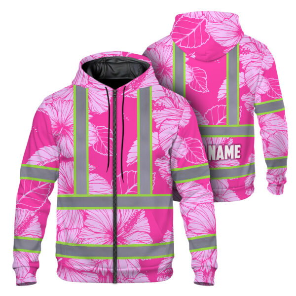 Hi-Vis-Zip-Hoodie-Reflective-Tapes-Pink-Neon-Hibiscus-Custom-Name-Safety-Workwear-For-Workers,-Truckers,-Operators-1