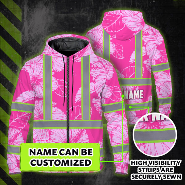 Hi-Vis-Zip-Hoodie-Reflective-Tapes-Pink-Neon-Hibiscus-Custom-Name-Safety-Workwear-For-Workers,-Truckers,-Operators-2