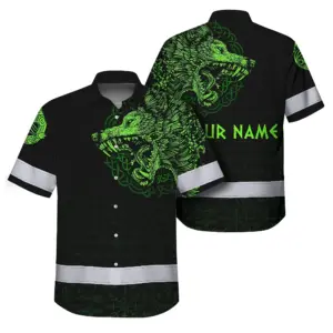 Hi Vis Hawaiian Shirt Black Reflective Green Neon Wolf Viking Symbol Custom Name