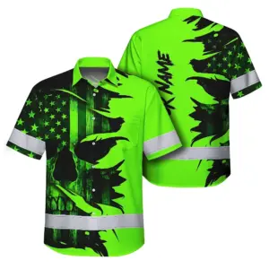 Hi Vis Hawaiian Shirt Reflective Green Neon Skull US Flag Scratch Custom Name Safety
