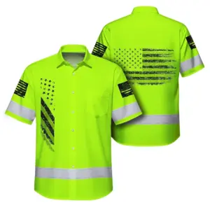 Hi Vis Hawaiian Shirt Reflective Lime USA Flag Safety Workwear For Workers, Truckers, Operators