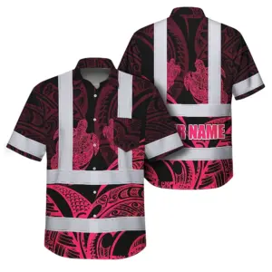 Hi Vis Hawaiian Shirt Reflective Tapes Black Light Pink Polynesian Custom Name Safety Workwear For Workers, Truckers, Operators
