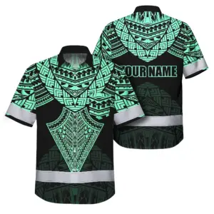 Hi Vis Hawaiian Shirt Reflective Tapes Black Mint Neon Polynesian Tribal Custom Name Safety Workwear For Workers, Truckers, Operators