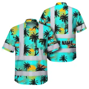 Hi Vis Hawaiian Shirt Reflective Tapes Blue Neon Flowers Custom Name Safety Workwear For Truckers, Operators