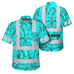 Hi Vis Hawaiian Shirt Reflective Tapes Blue Neon Flowers Custom Name Safety Workwear For Workers, Truckers, Operators