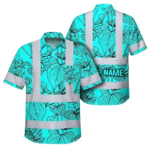 Hi Vis Hawaiian Shirt Reflective Tapes Blue Neon Flowers Custom Name Safety Workwear For Workers, Truckers, Operators