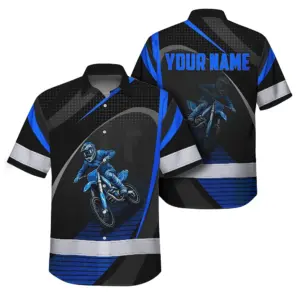 Hi Vis Hawaiian Shirt Reflective Tapes Blue Neon Motobike Custom Name Safety Workwear For Bikers, Workers, Truckers, Operators