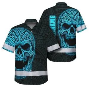 Hi Vis Hawaiian Shirt Reflective Tapes Blue Neon Polynesian Half Skull Custom Name Safety Workwear For Workers, Truckers, Operators