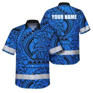 Hi Vis Hawaiian Shirt Reflective Tapes Blue Neon Polynesian Tribal Custom Name Safety Workwear For Workers, Truckers, Operators