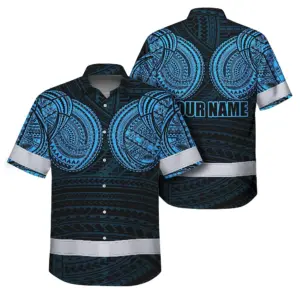 Hi Vis Hawaiian Shirt Reflective Tapes Blue Neon Polynesian Tribal Custom Name Safety Workwear For Workers, Truckers, Operators
