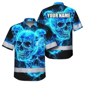 Hi Vis Hawaiian Shirt Reflective Tapes Blue Neon Skull Fire Custom Name Safety Workwear For Workers, Truckers, Operators