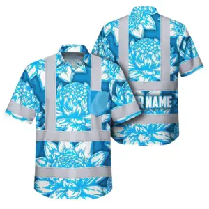 Hi Vis Hawaiian Shirt Reflective Tapes Blue Neon White Protea Custom Name Safety Workwear For Workers, Truckers, Operators