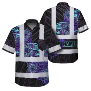 Hi Vis Hawaiian Shirt Reflective Tapes Blue Violet Polynesian Custom Name Safety Workwear For Workers, Truckers, Operators