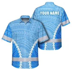 Hi Vis Hawaiian Shirt Reflective Tapes Blue White Neon Polynesian Tribal Custom Name Safety Workwear For Workers, Truckers, Operators
