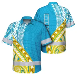 Hi Vis Hawaiian Shirt Reflective Tapes Blue Yellow Polynesian Custom Name Safety Workwear For Workers, Truckers, Operators