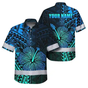 Hi Vis Hawaiian Shirt Reflective Tapes Gradient Blue Flower Polynesian Tribal Custom Name Safety Workwear For Workers, Truckers, Operators