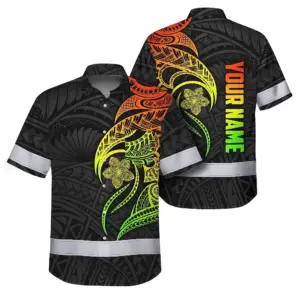 Hi Vis Hawaiian Shirt Reflective Tapes Gradient Green Orange Polynesian Tribal Custom Name Safety Workwear For Workers, Truckers, Operators
