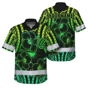 Hi Vis Hawaiian Shirt Reflective Tapes Gradient Green Polynesian Custom Name Safety Workwear For Workers, Truckers, Operators