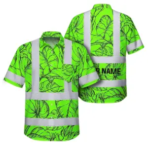 Hi Vis Hawaiian Shirt Reflective Tapes Green Black Neon Flowers Custom Name Safety Workwear For Workers, Truckers, Operators