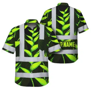 Hi Vis Hawaiian Shirt Reflective Tapes Green Neon Black Heliconia Custom Name Safety Workwear For Workers, Truckers, Operators