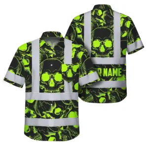 Hi Vis Hawaiian Shirt Reflective Tapes Green Neon Black Skull Custom Name Safety Workwear For Workers, Truckers, Operators