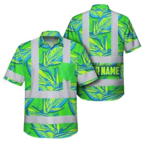 Hi Vis Hawaiian Shirt Reflective Tapes Green Neon Blue Bird of Paradise Custom Name Safety Workwear For Workers, Truckers, Operators