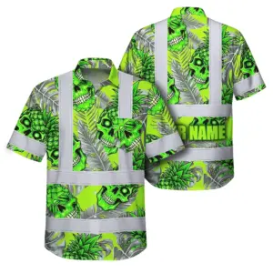 Hi Vis Hawaiian Shirt Reflective Tapes Green Neon Grey Skull Pineapple Custom Name Safety Workwear For Workers, Truckers, Operators