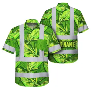 Hi Vis Hawaiian Shirt Reflective Tapes Green Neon Lime Bird of Paradise Custom Name Safety Workwear For Workers, Truckers, Operators