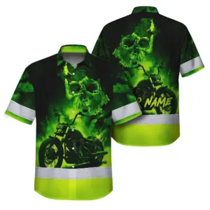 Hi Vis Hawaiian Shirt Reflective Tapes Green Neon Motobike Skull Custom Name Safety Workwear For Workers, Truckers, Operators