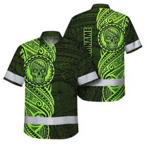 Hi Vis Hawaiian Shirt Reflective Tapes Green Neon Polynesian And Skull Custom Name Safety Workwear For Workers, Truckers, Operators