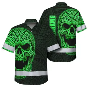 Hi Vis Hawaiian Shirt Reflective Tapes Green Neon Polynesian Half Skull Custom Name Safety Workwear For Workers, Truckers, Operators