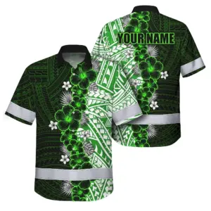 Hi Vis Hawaiian Shirt Reflective Tapes Green Neon Polynesian Tribal Flowers Custom Name Safety Workwear For Workers, Truckers, Operators