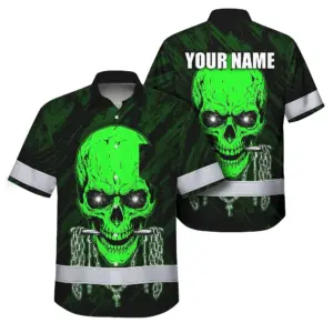 Hi Vis Hawaiian Shirt Reflective Tapes Green Neon Skull Chain Custom Name Safety Workwear For Workers, Truckers, Operators